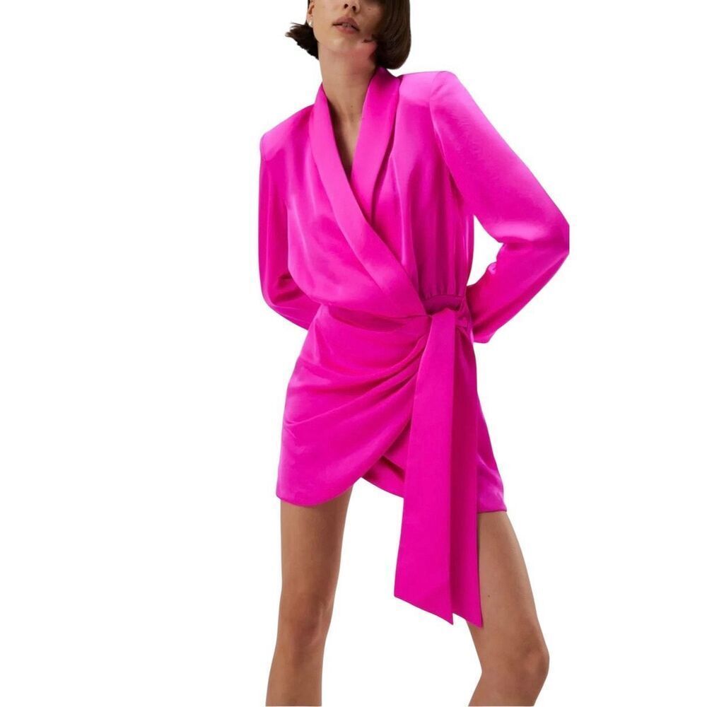 NWT MISHA Azera Satin Hot Pink V-Neck Long Sleeve Wrap Mini Dress Women's 4US